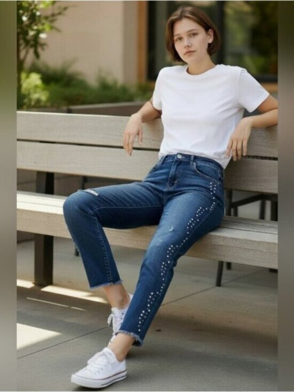 Driftwood Jackie Studded Distressed Skinny Ankle Jeans Blue Size 26